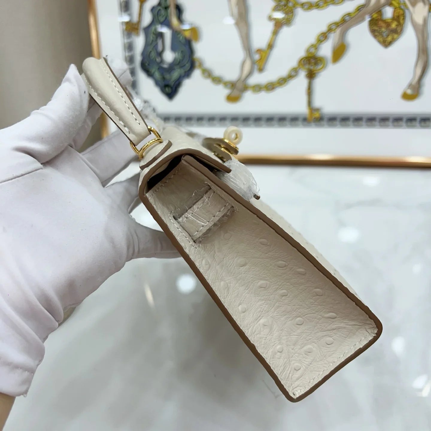 Cream Off-White Dotted-Texture Mini Structured Satchel With Gold-Tone Hardware