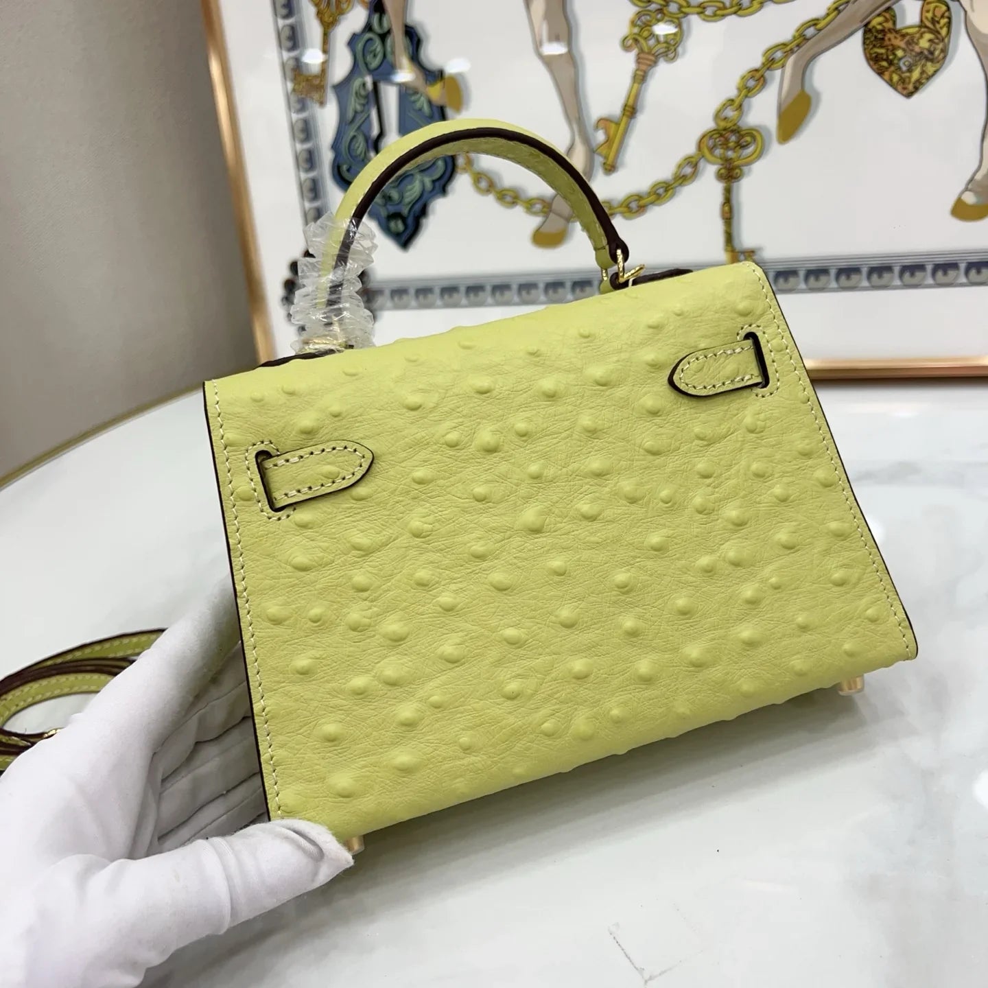 Lime Green Dotted-Texture Structured Satchel With Gold-Tone Hardware