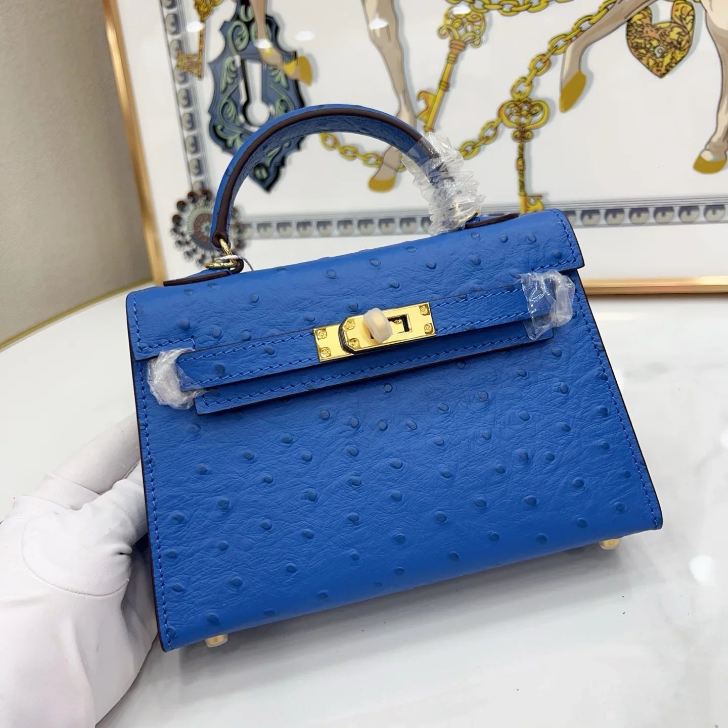 Sapphire Blue Dotted-Texture Mini Structured Satchel with Gold-Tone Hardware