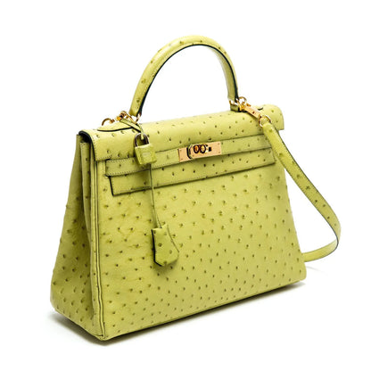 Lime Green Dotted-Texture Structured Satchel With Gold-Tone Hardware