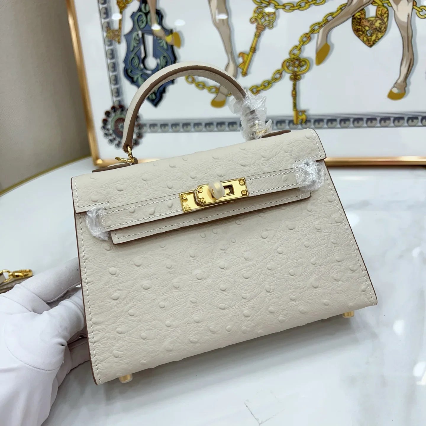 Cream Off-White Dotted-Texture Mini Structured Satchel With Gold-Tone Hardware