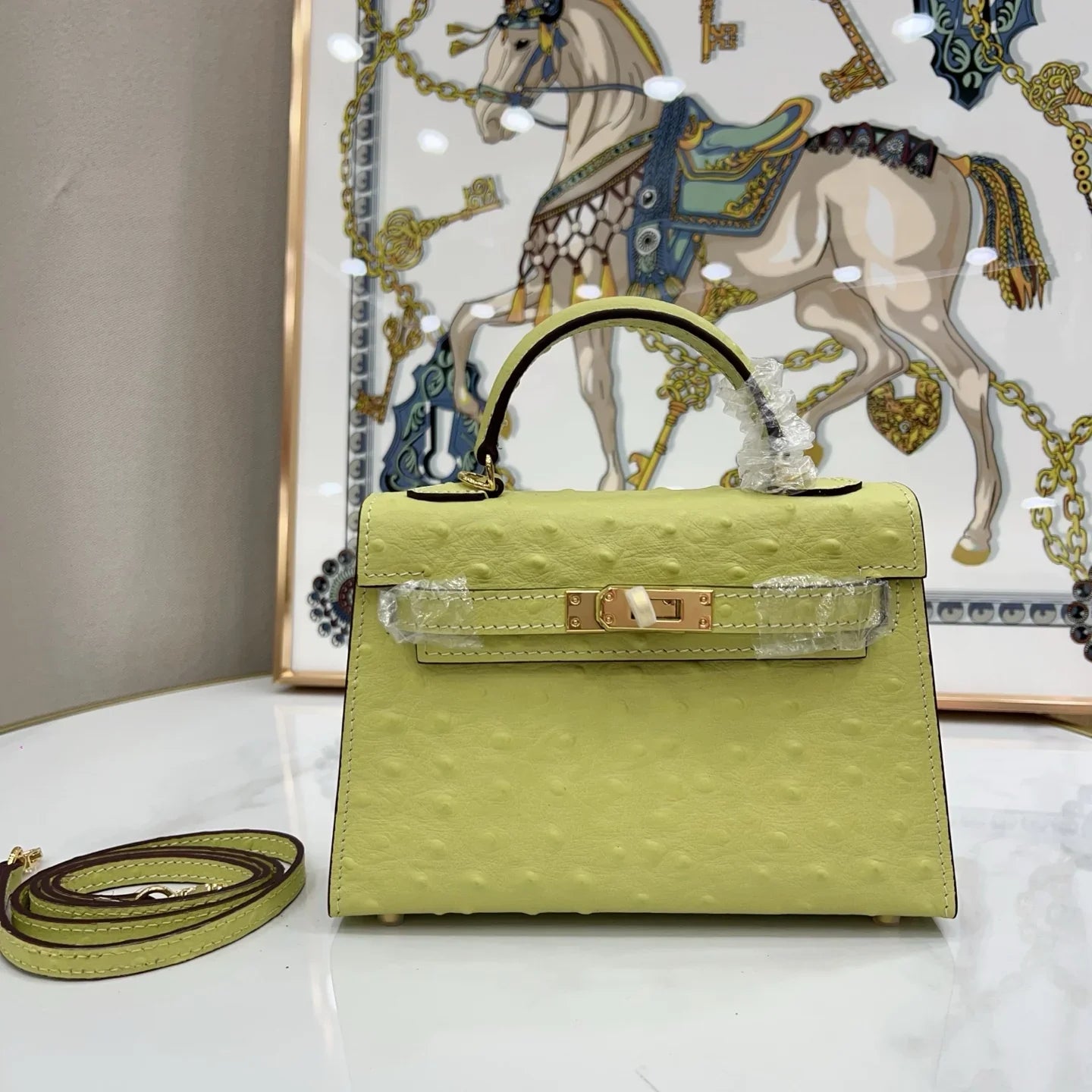 Lime Green Dotted-Texture Structured Satchel With Gold-Tone Hardware