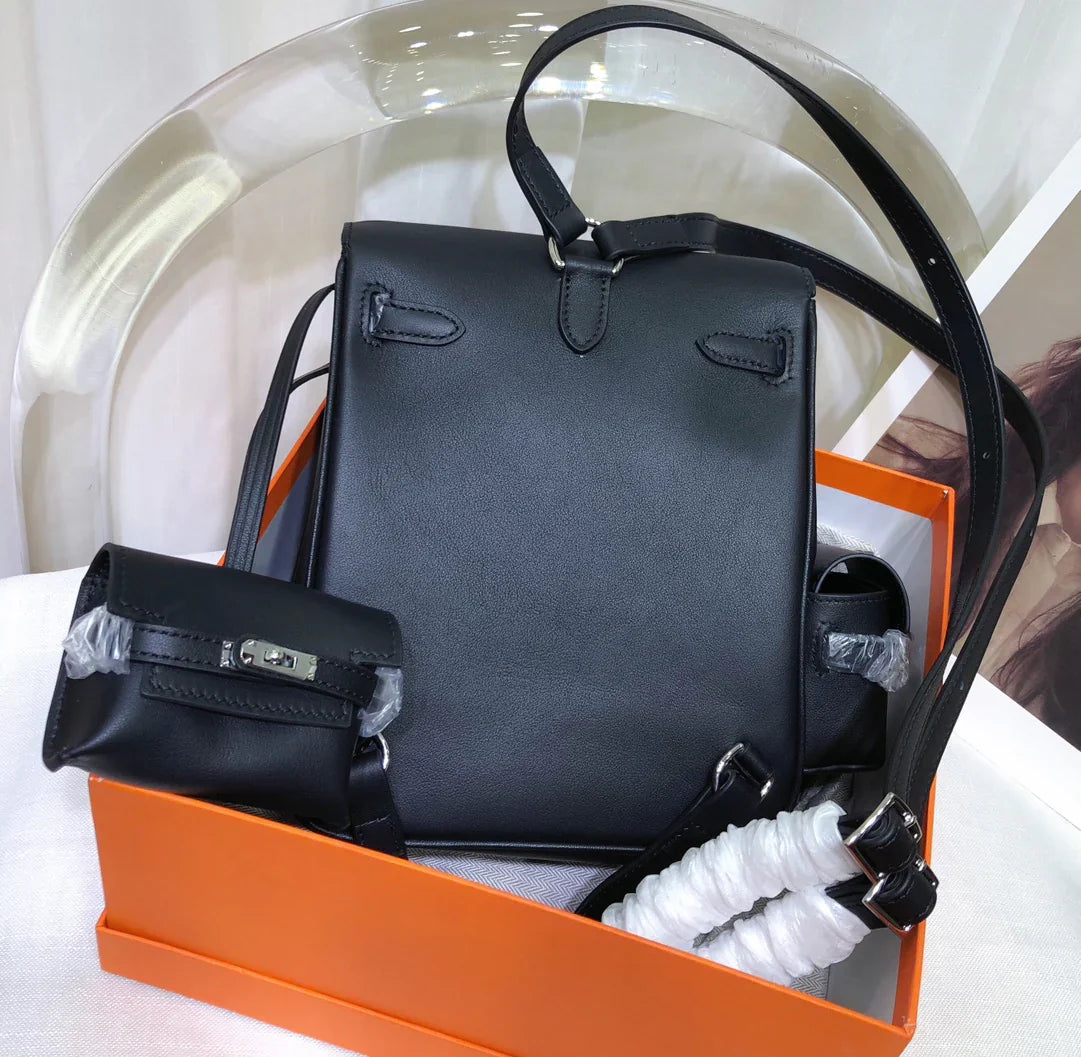 Jet Black Vertical Turn-Lock Daypack With Matching Mini Accessory Pouch