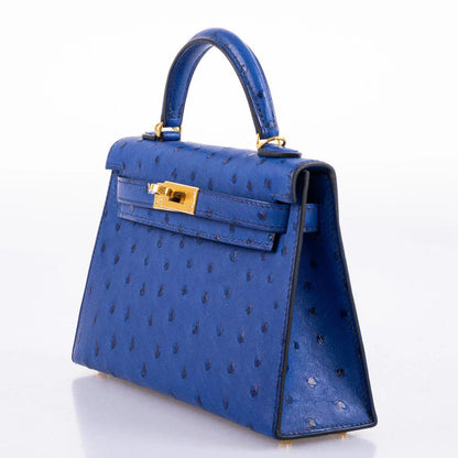 Sapphire Blue Dotted-Texture Mini Structured Satchel with Gold-Tone Hardware