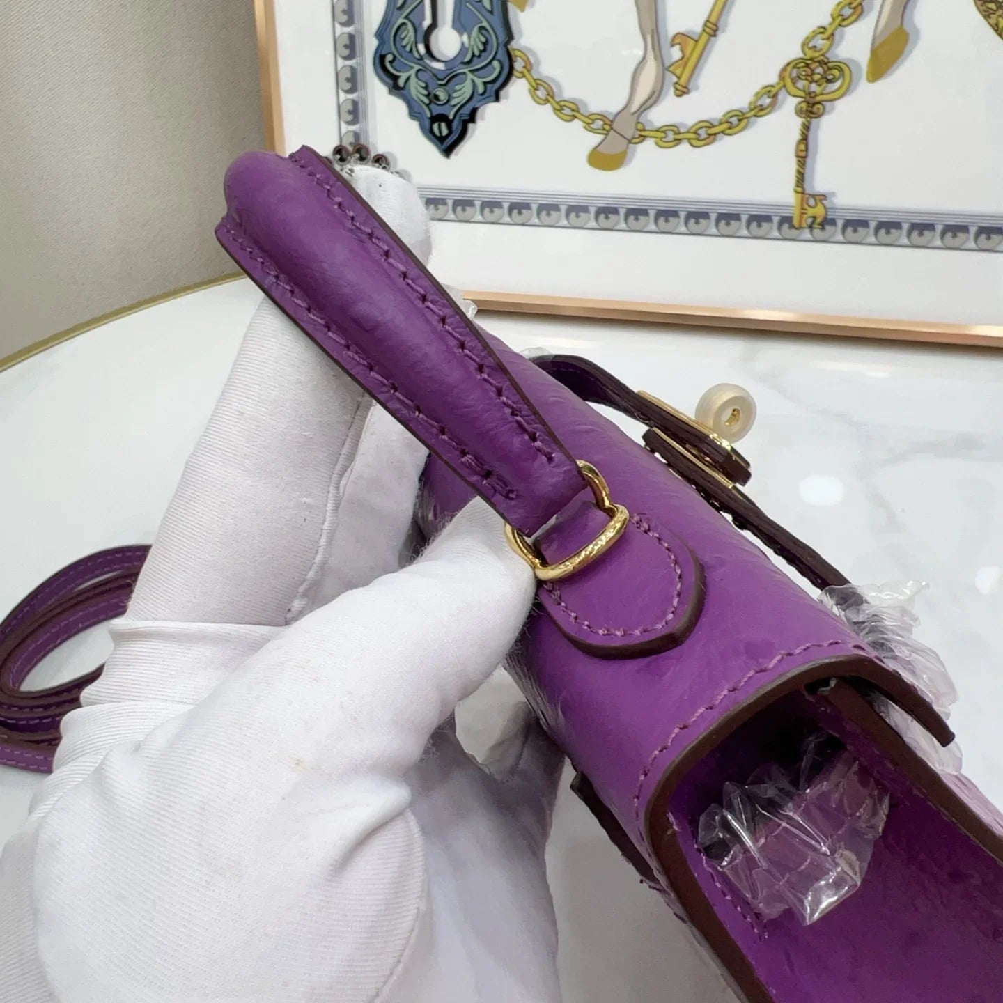 Violet Dotted Texture Structured Flap Satchel With Silvery Polished Hardware