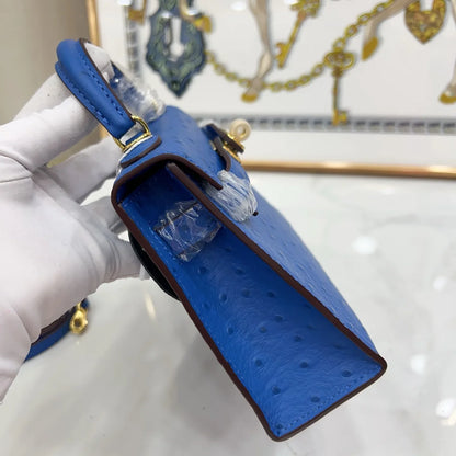 Sapphire Blue Dotted-Texture Mini Structured Satchel with Gold-Tone Hardware
