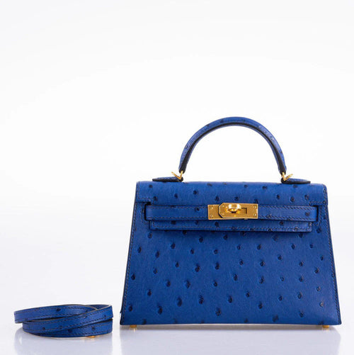 Sapphire Blue Dotted-Texture Mini Structured Satchel with Gold-Tone Hardware