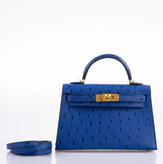 Sapphire Blue Dotted-Texture Mini Structured Satchel with Gold-Tone Hardware